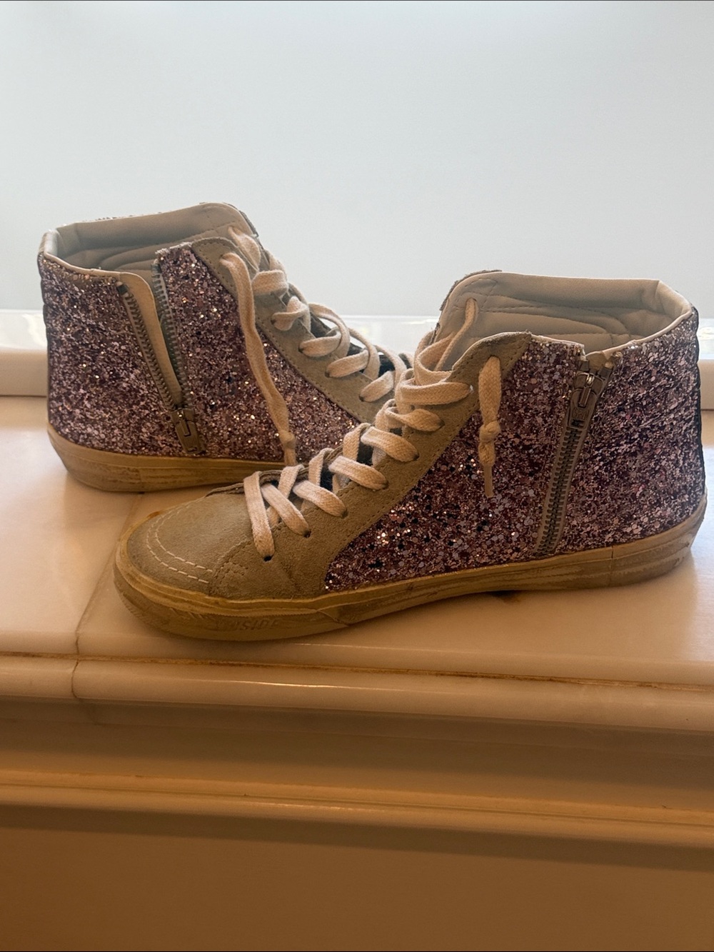 Golden Goose Pink Glitter High-Top Sneakers with Beige Suede